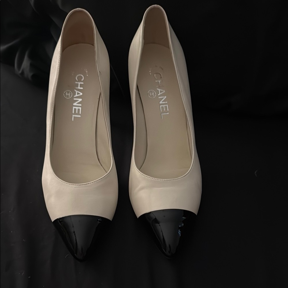 Chanel Cream and Black Heels with Iconic pearl heel